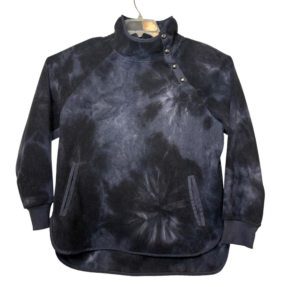 Green Tea Fleece Pullover Womens L Large Dark Grey Tie Dye Asymmetric Snap Neck